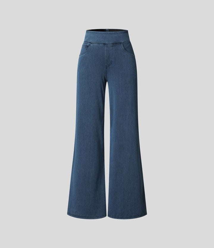 Stylish high-waisted wide-leg stretch trousers in dark blue, essential womens fashion.