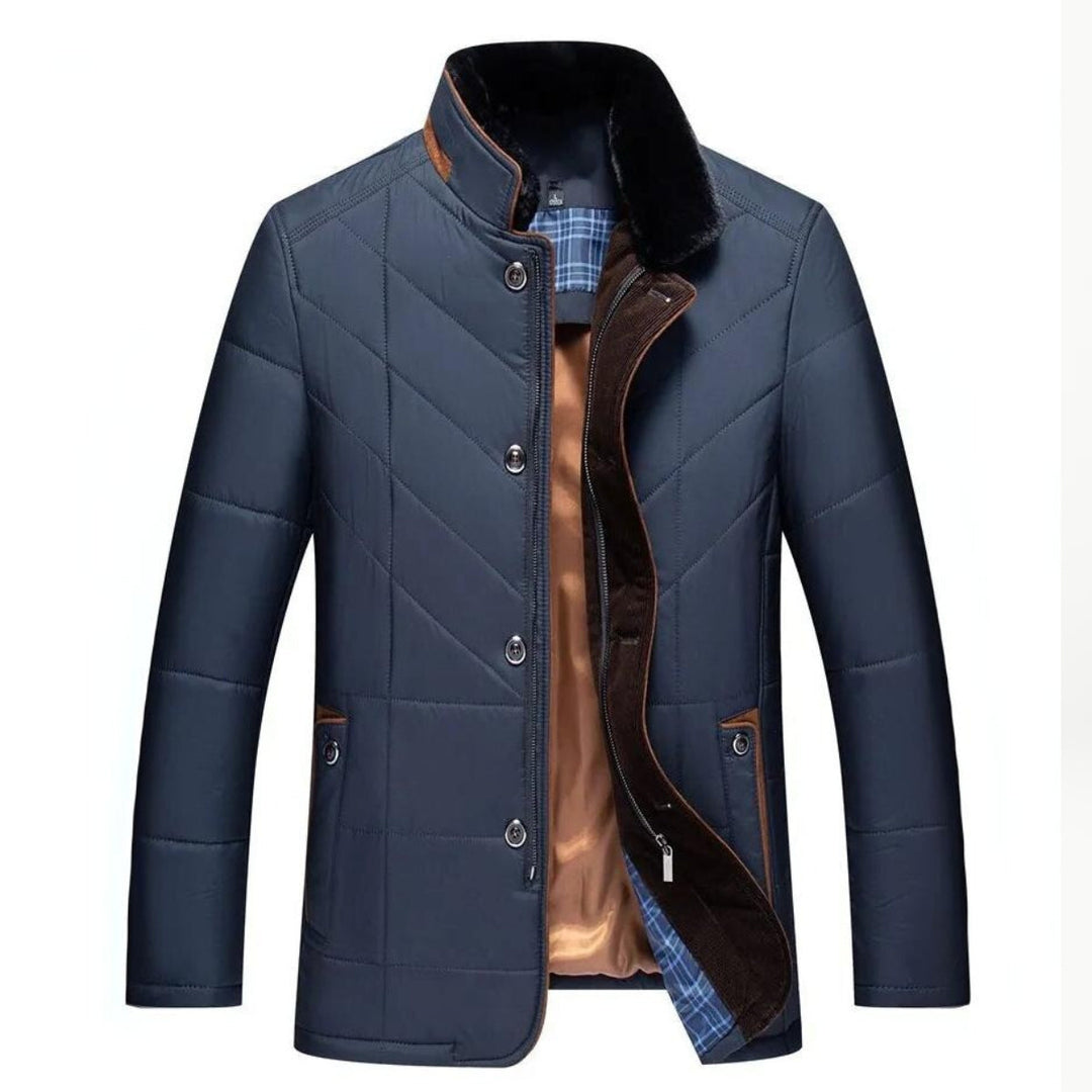 Dark blue men's classic quilted winter jacket with stand collar, perfect for cold weather fashion & warmth.