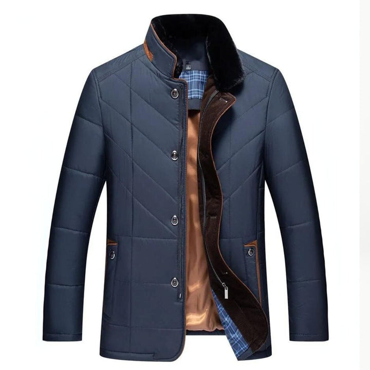 Dark blue men's classic quilted winter jacket with stand collar, perfect for cold weather fashion & warmth.