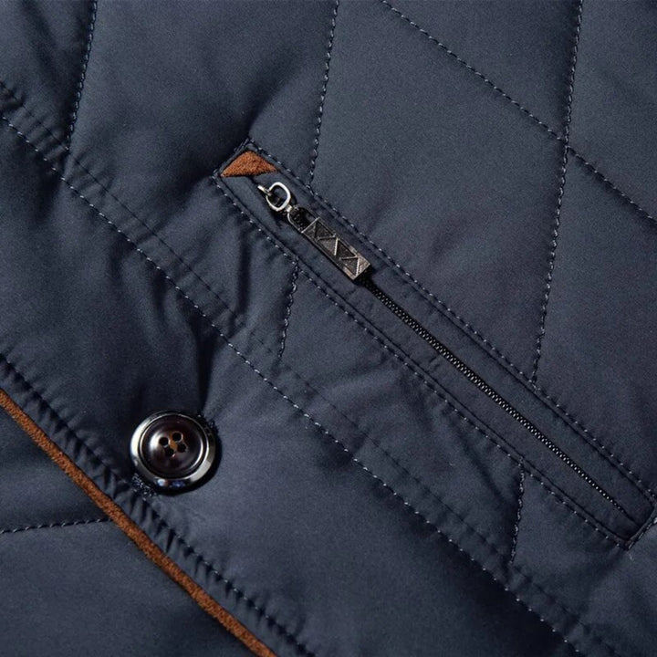 Black men's classic quilted winter jacket, stylish outerwear with stand collar & button closure for winter.
