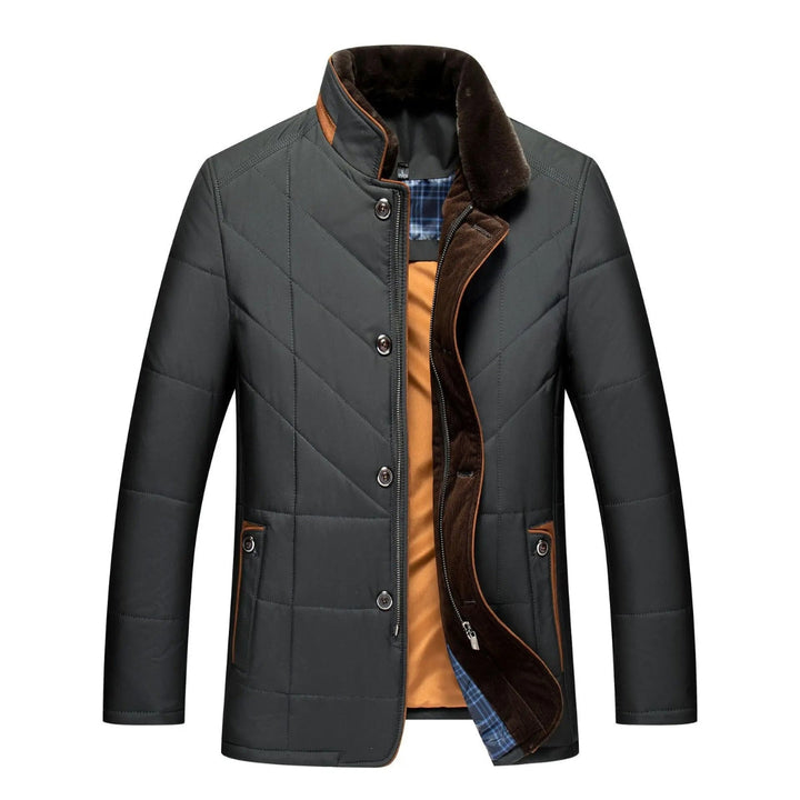Warm men's winter quilted jacket, ideal cold weather outerwear with a classic stand collar for comfort & style.