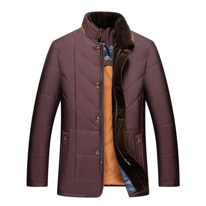 Classic men's fashion quilted winter jacket with a stand collar. Stylish, warm outerwear for cold weather.