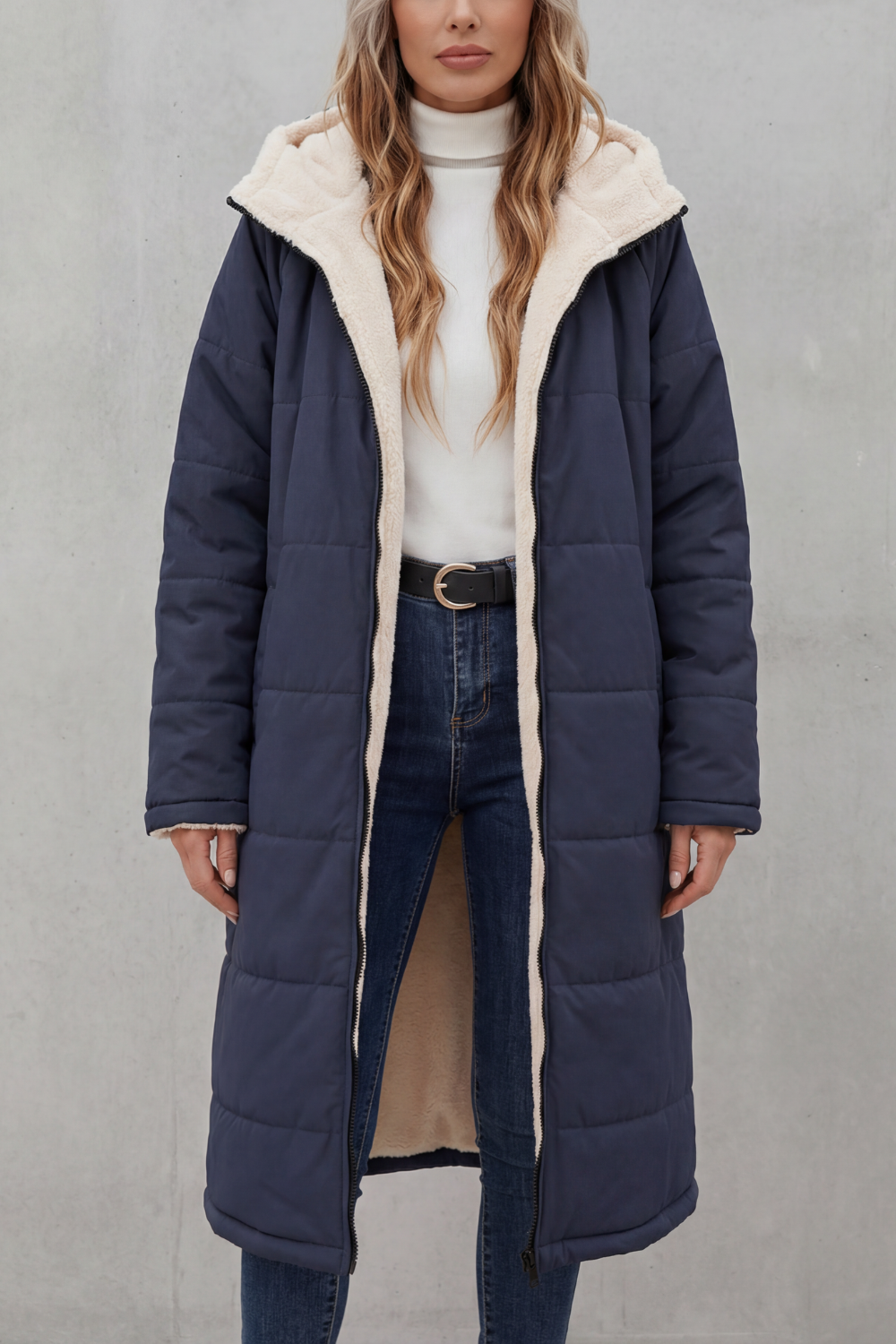 Dark blue plush women's coat. Soft, cozy everyday comfort outerwear for autumn & winter.