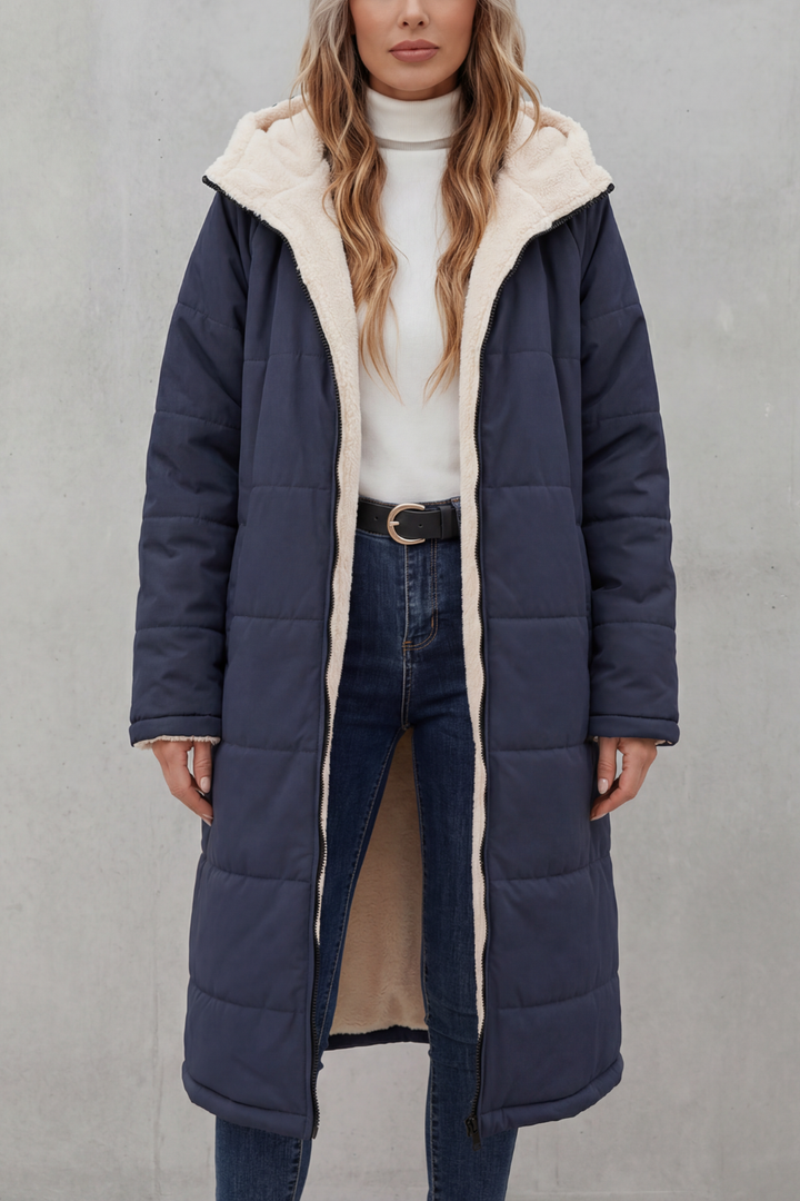 Dark blue plush women's coat. Soft, cozy everyday comfort outerwear for autumn & winter.