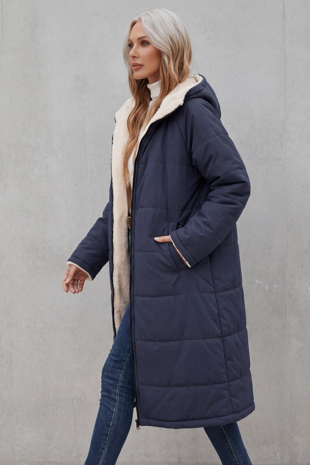 Brown plush women's coat, a warm and soft everyday comfort outerwear. Perfect for winter fashion.