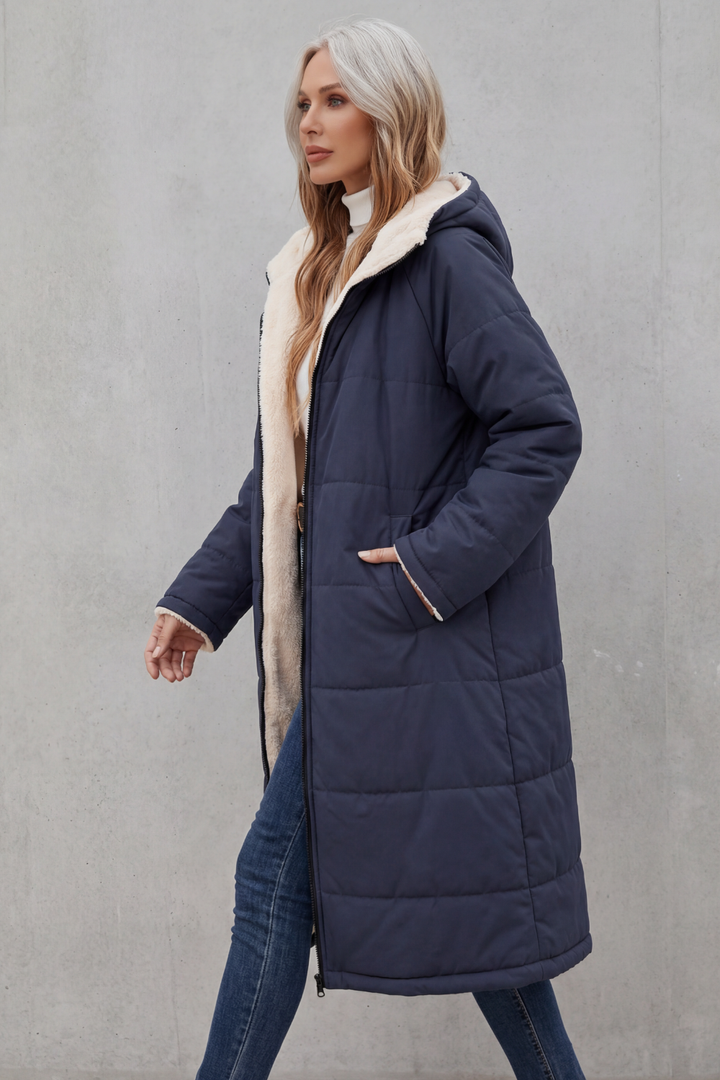 Brown plush women's coat, a warm and soft everyday comfort outerwear. Perfect for winter fashion.