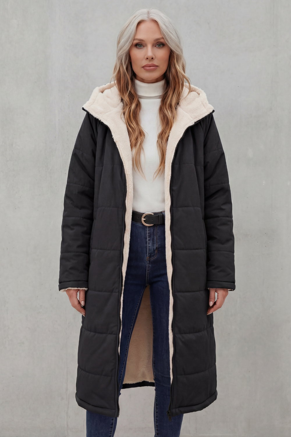 Casual black women's plush coat. Cozy, soft layering piece for everyday comfort & autumn style.