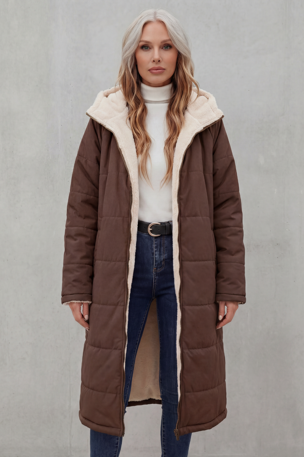 Green women's plush outerwear. Soft, cozy everyday comfort jacket for autumn fashion.