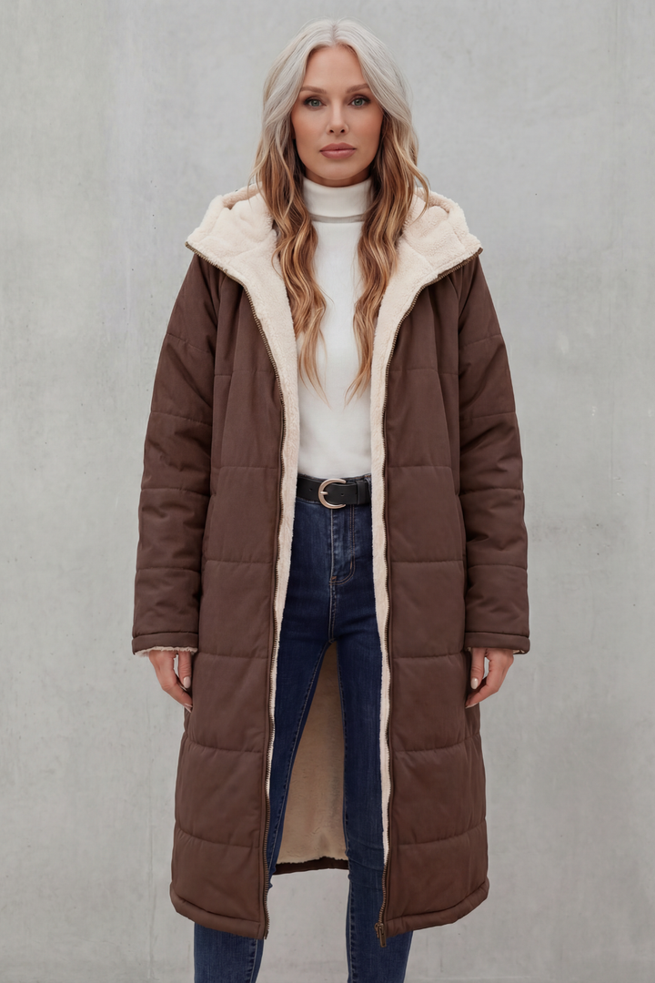 Green women's plush outerwear. Soft, cozy everyday comfort jacket for autumn fashion.