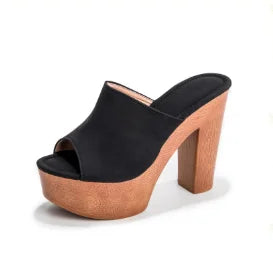 Back view of women's dark blue platform sandals, showcasing the sturdy chunky block heel & stable base.