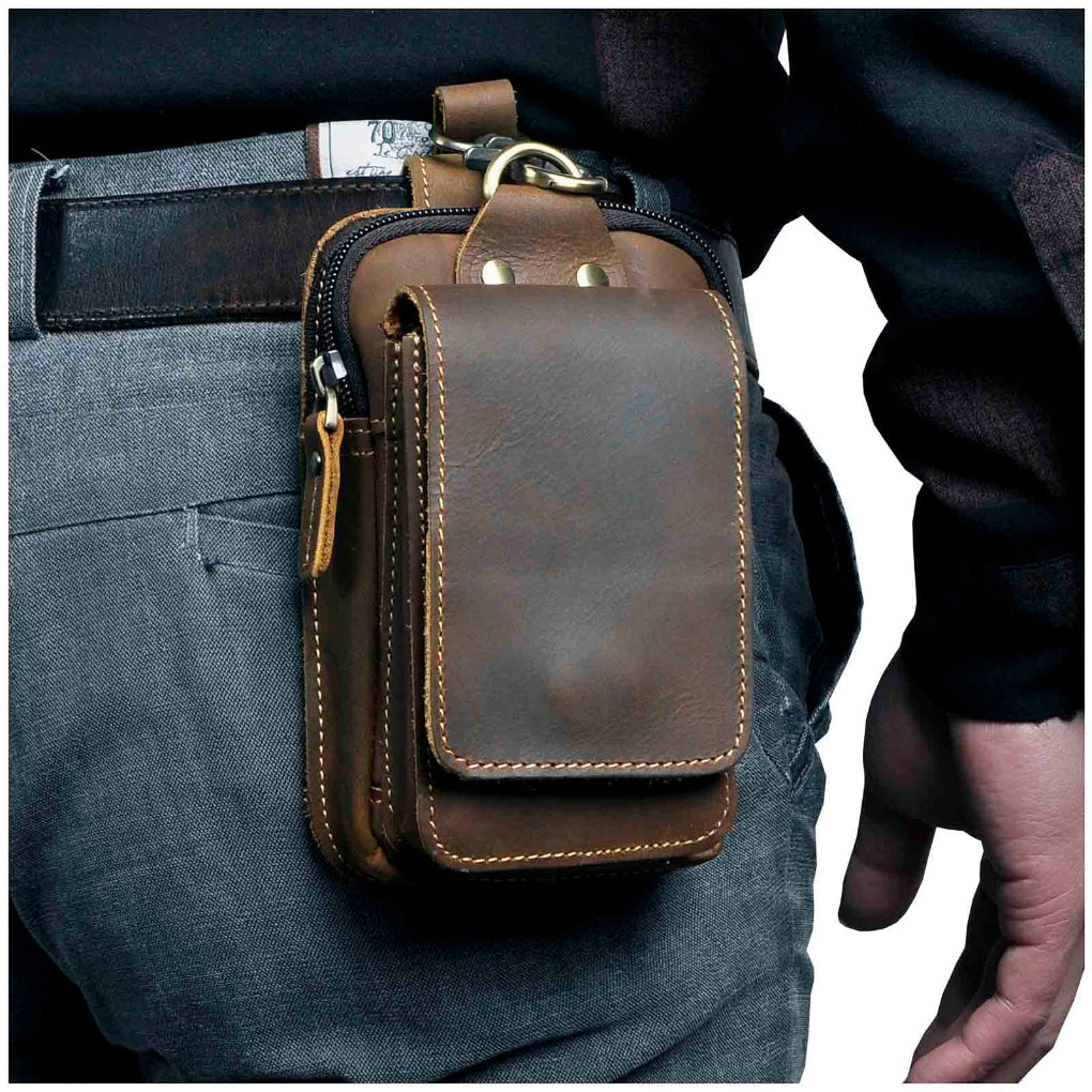Dark brown genuine leather men's hip bag with adjustable strap for secure everyday carry.