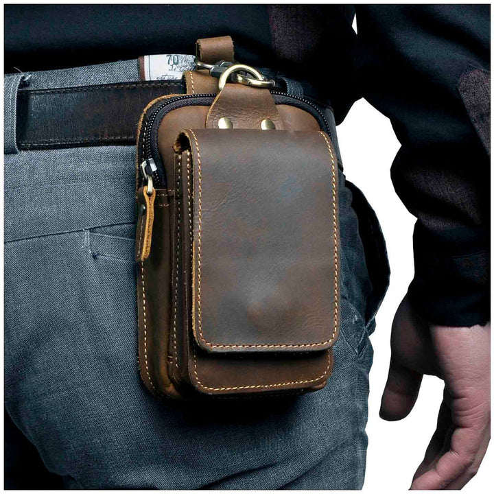 Dark brown genuine leather men's hip bag with adjustable strap for secure everyday carry.