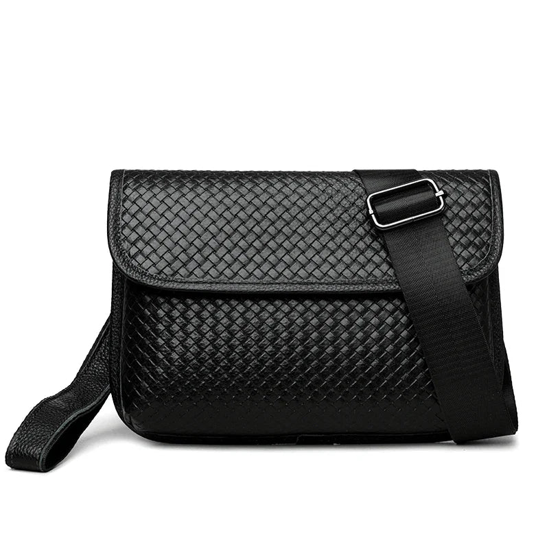 Multiple external pockets on an organized men's leather crossbody sling bag.