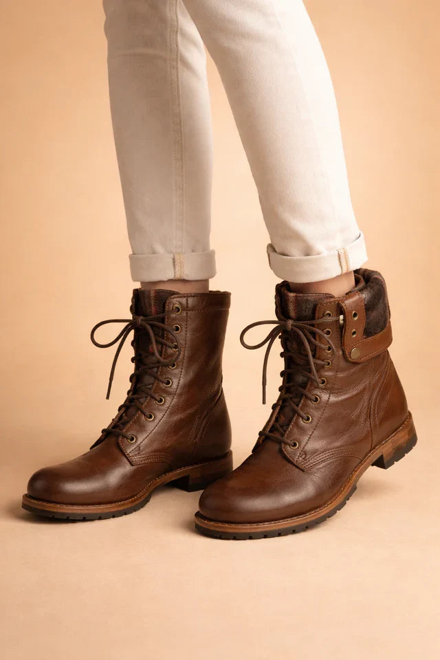 Stylish dark brown women's combat boots, lace-up design, durable for winter fashion & everyday wear.