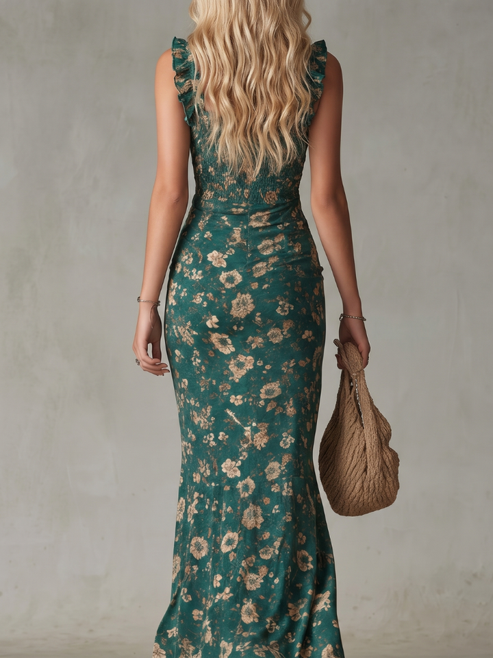 Flowy dark green women's midi dress with ruffle straps & smocked top, perfect for summer elegance.