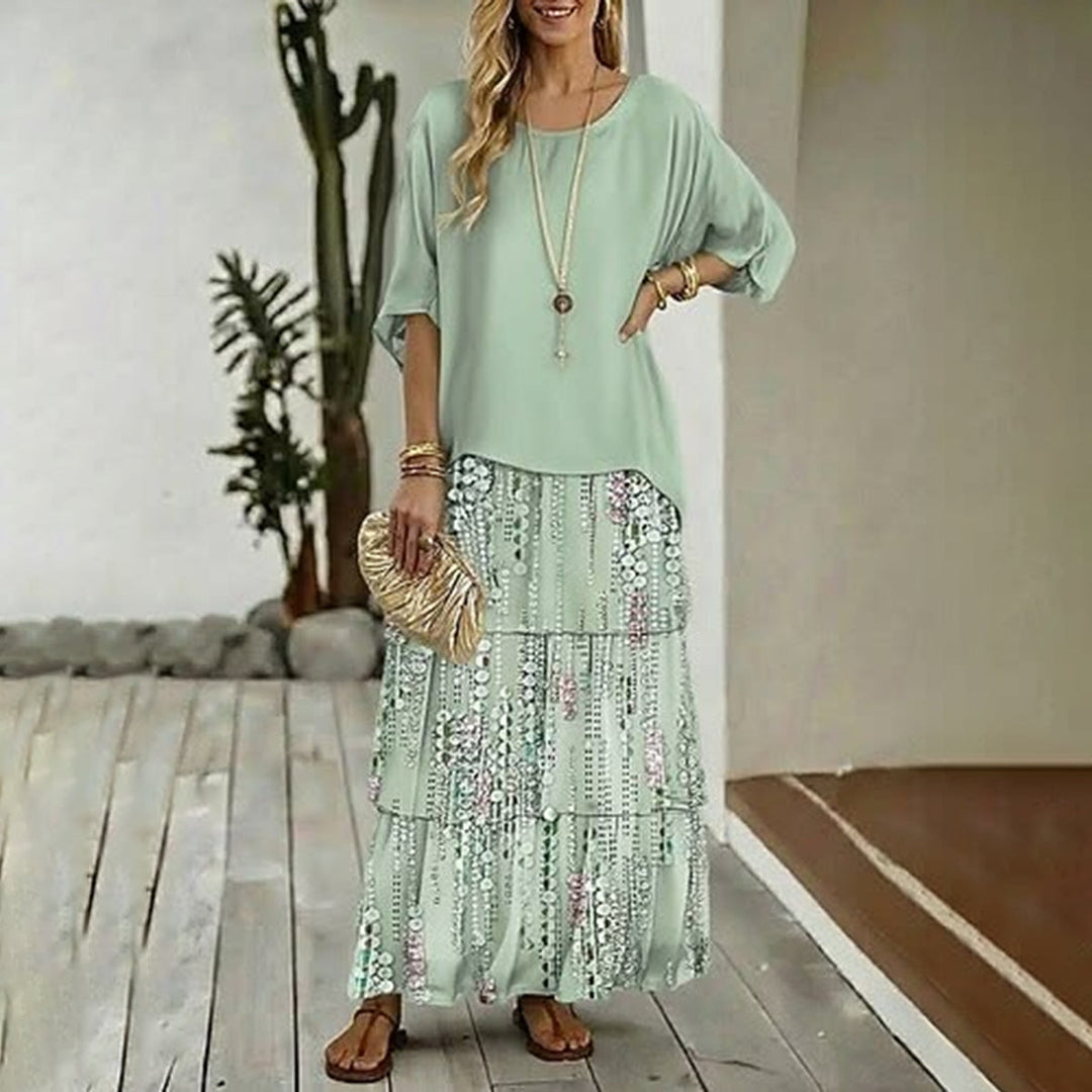 Dazzling green sequin print maxi skirt & crop top two-piece set for women, perfect party or evening wear.