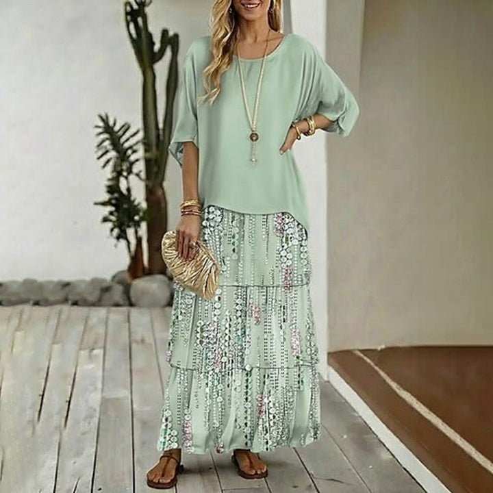 Dazzling green sequin print maxi skirt & crop top two-piece set for women, perfect party or evening wear.