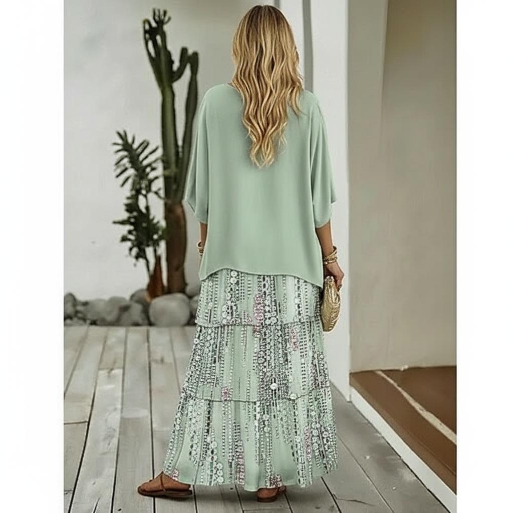 Women's shimmering green sequin print crop top and long tiered skirt set, a stunning glamorous outfit.