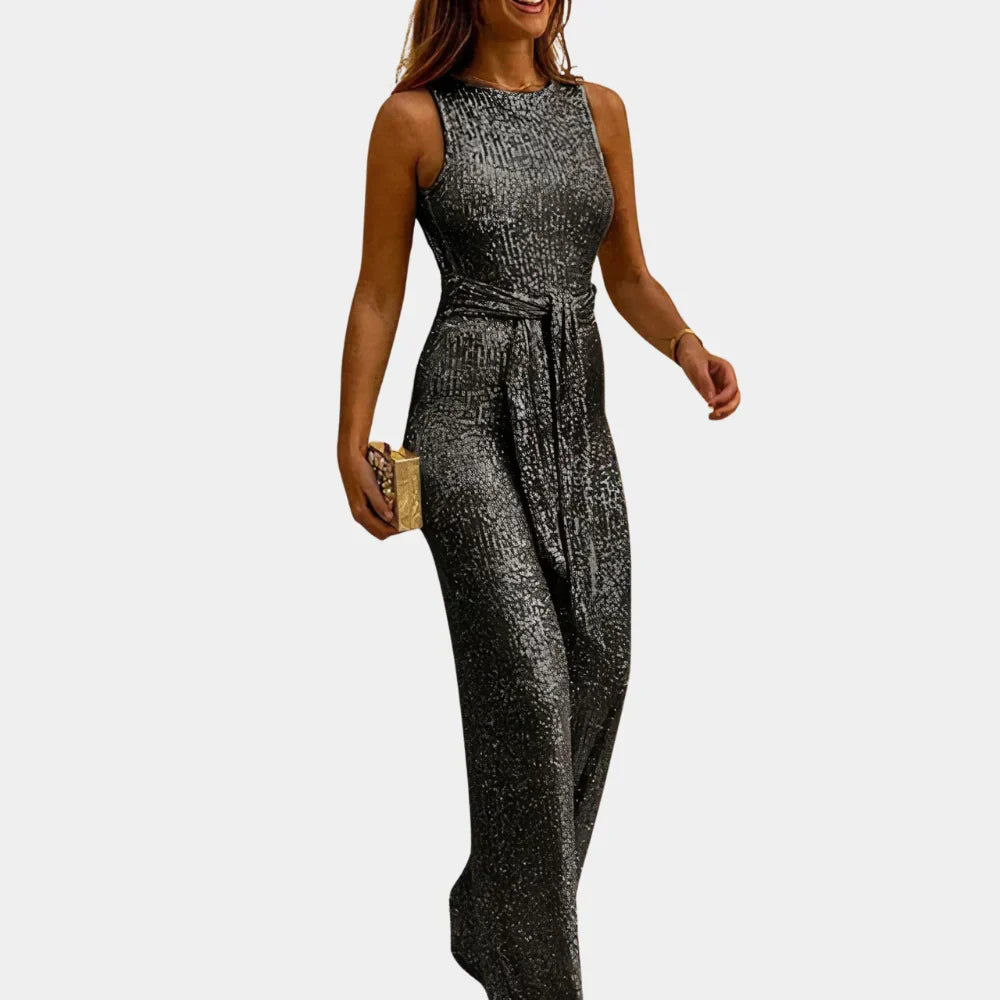 Dazzling women's glitter jumpsuit, perfect for evening wear & special occasions. Sleeveless V-neck design.