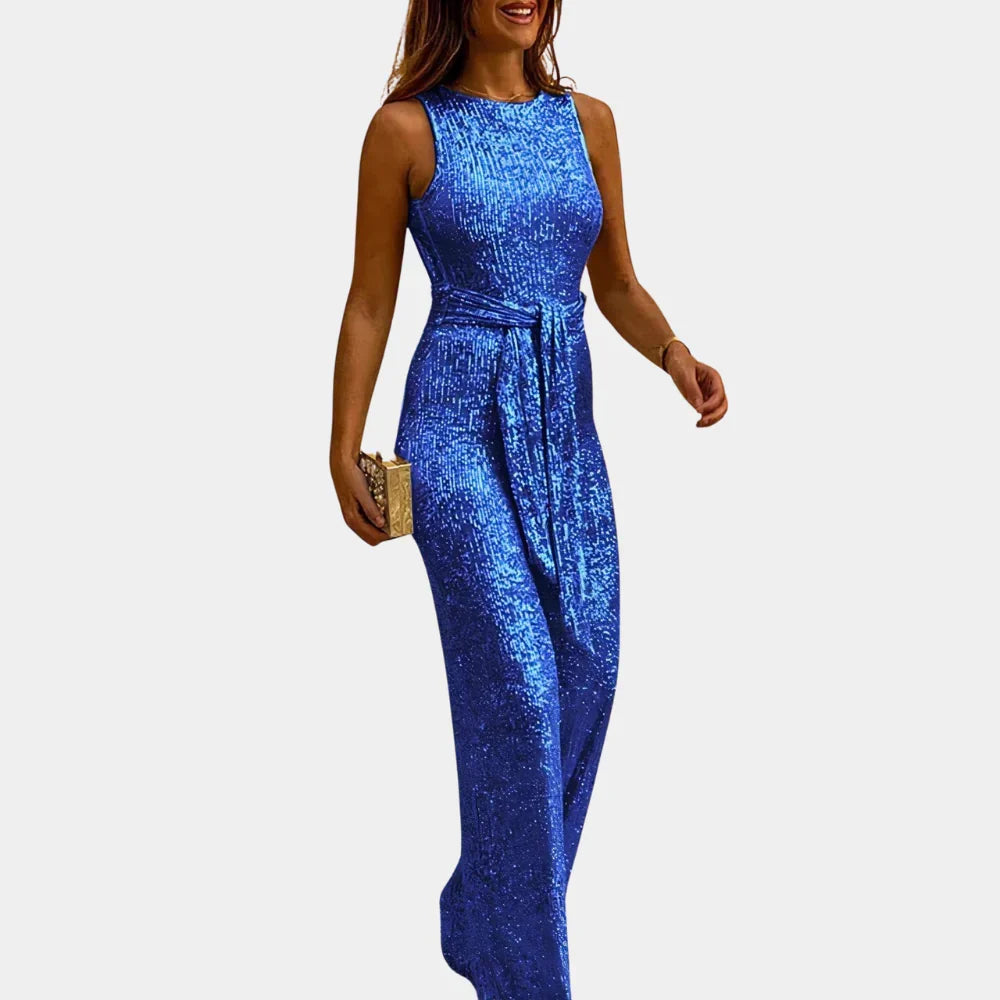 Elegant women's sleeveless V-neck glitter jumpsuit. Glamorous party wear for dazzling special occasions.