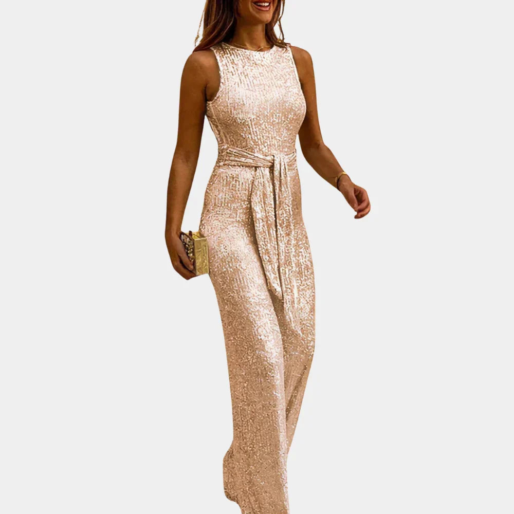 Sparkling women's V-neck glitter jumpsuit with sleeveless design. Ideal elegant party or evening wear.