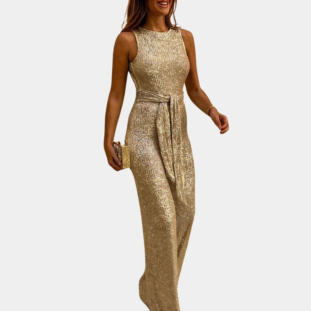 Glamorous women's glitter jumpsuit, dazzling for parties & evening events. Features elegant V-neck & sleeveless cut.