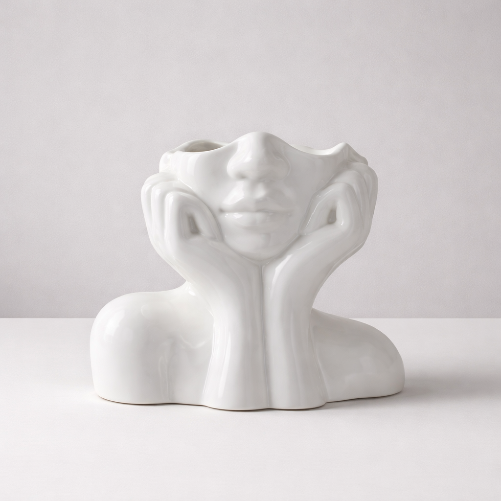 Decorative ceramic face vase, an artistic sculpture for modern home decor. Unique interior design accent.