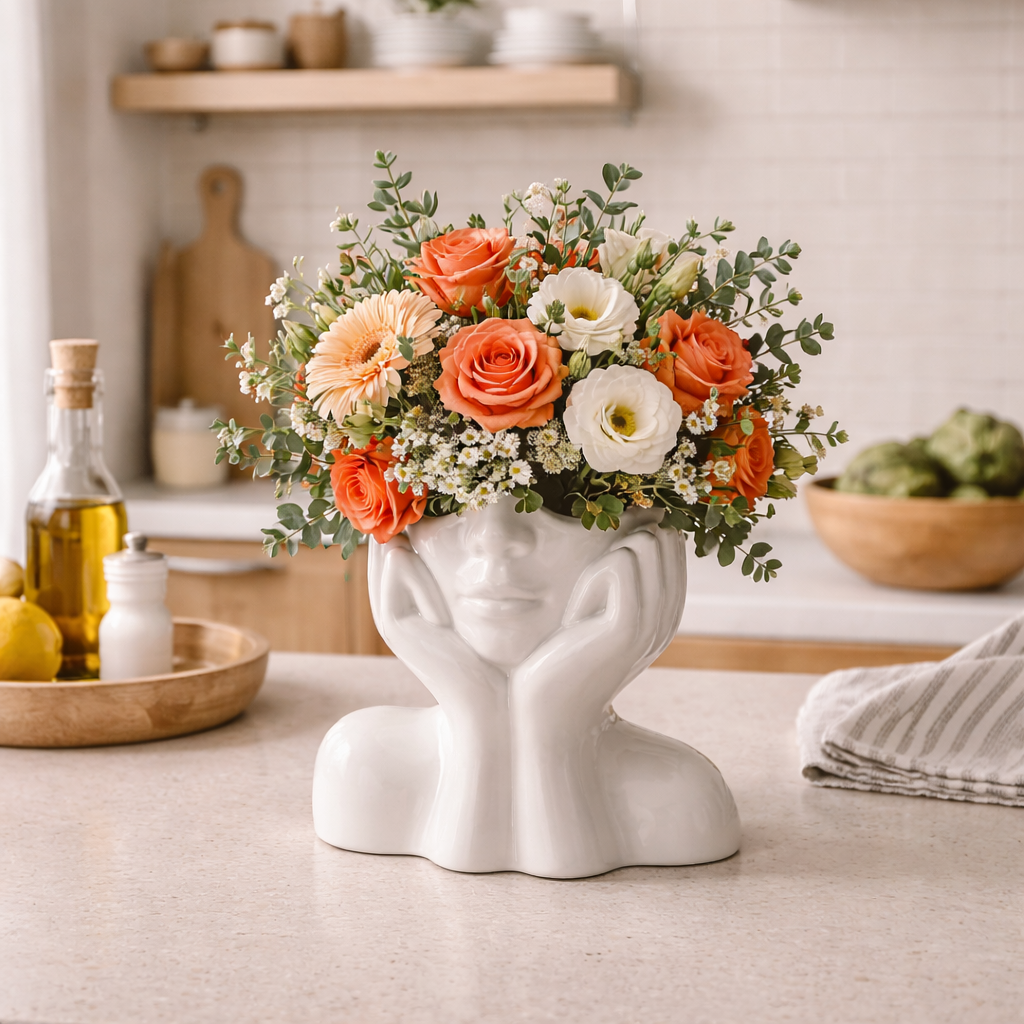 Elegant ceramic face vase, a unique decorative home accent for stylish interior design. Modern sculpture.