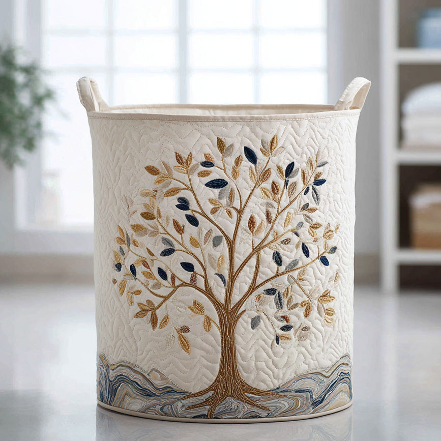 Decorative quilted fabric laundry basket, durable & foldable cotton blend hamper for home storage & organization.