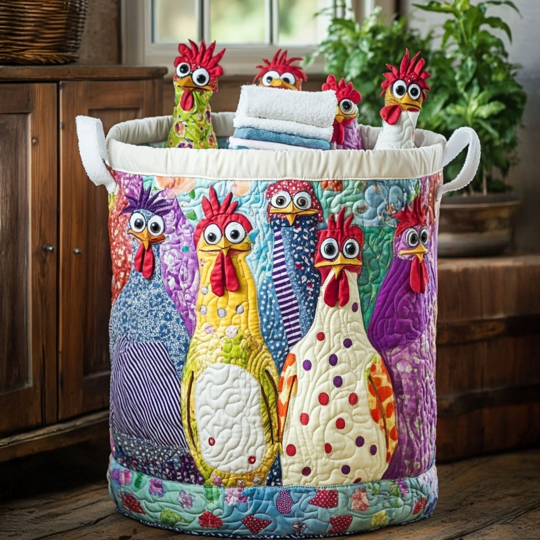 Decorative quilted laundry basket for home organization. Fabric storage hamper, perfect for bedroom or bathroom.