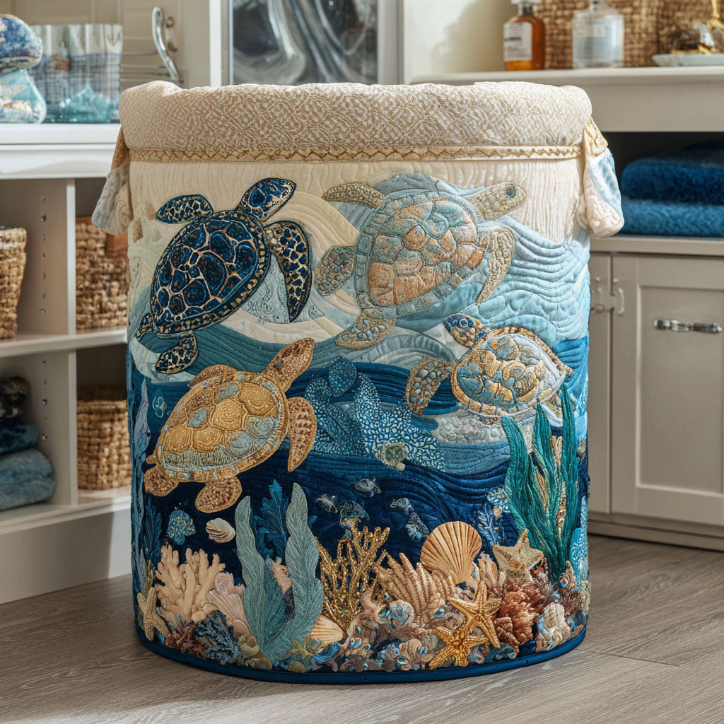 Decorative quilted laundry basket with an elegant shell design, perfect for home organization & storage. Made from cotton blend.
