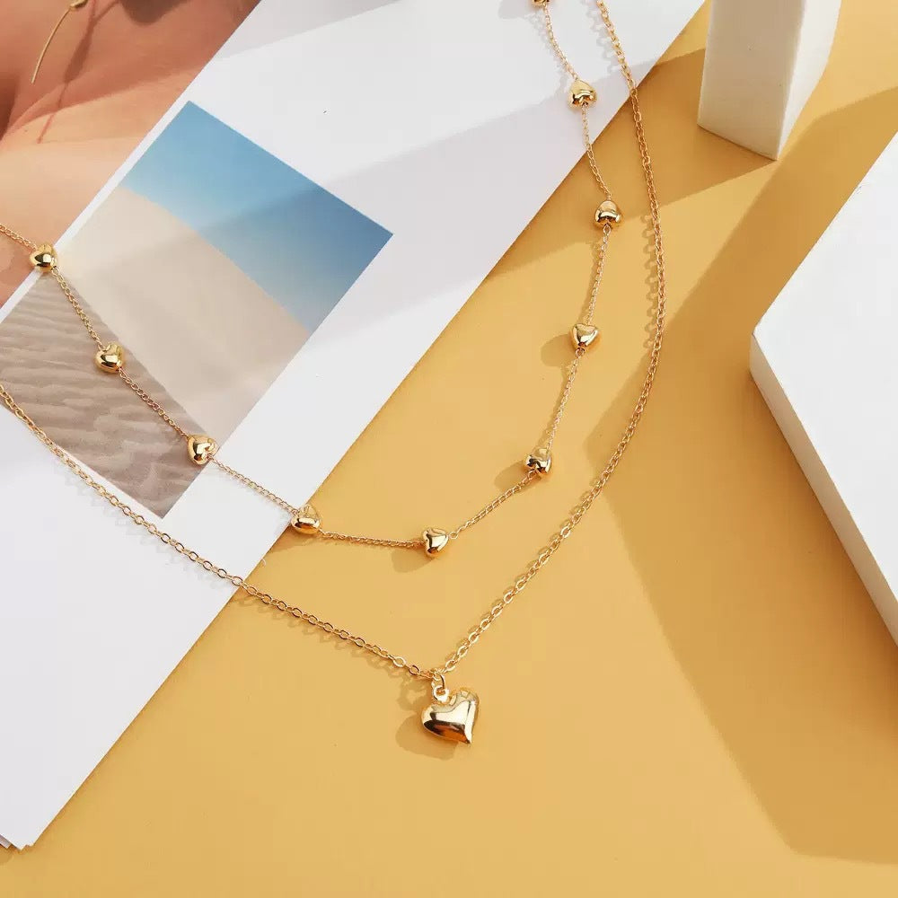 Romantic gold layered heart charm necklace, a perfect delicate jewelry gift for her.