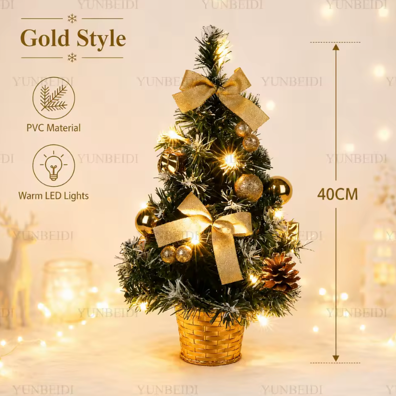 Desktop Pre-Lit Christmas Tree with warm LED lights, perfect instant holiday decor for small spaces or office.