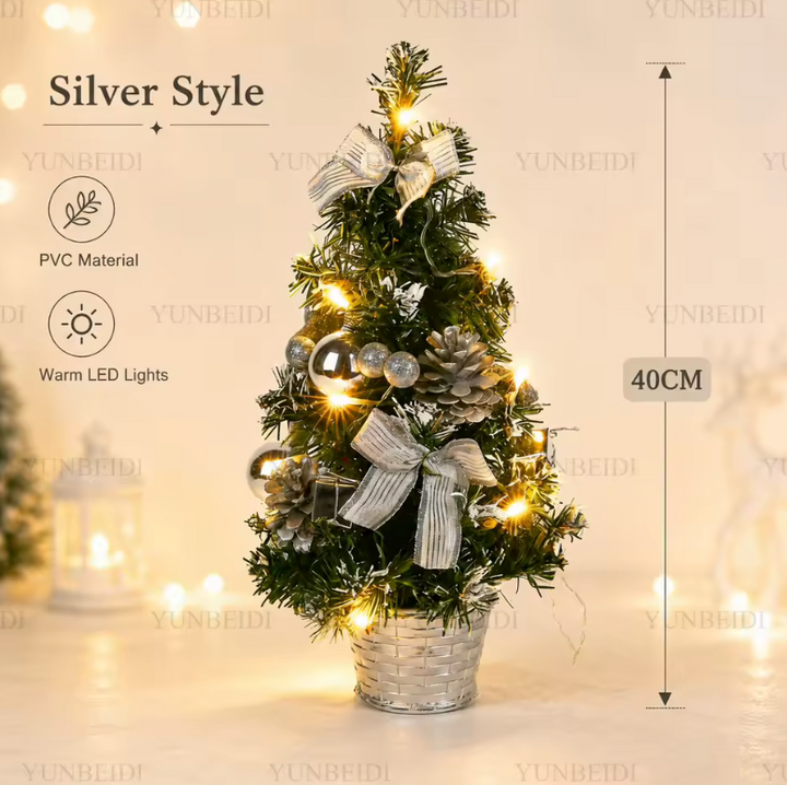 Mini pre-lit Christmas tree with bright LED lights, providing instant seasonal decor for any desktop.