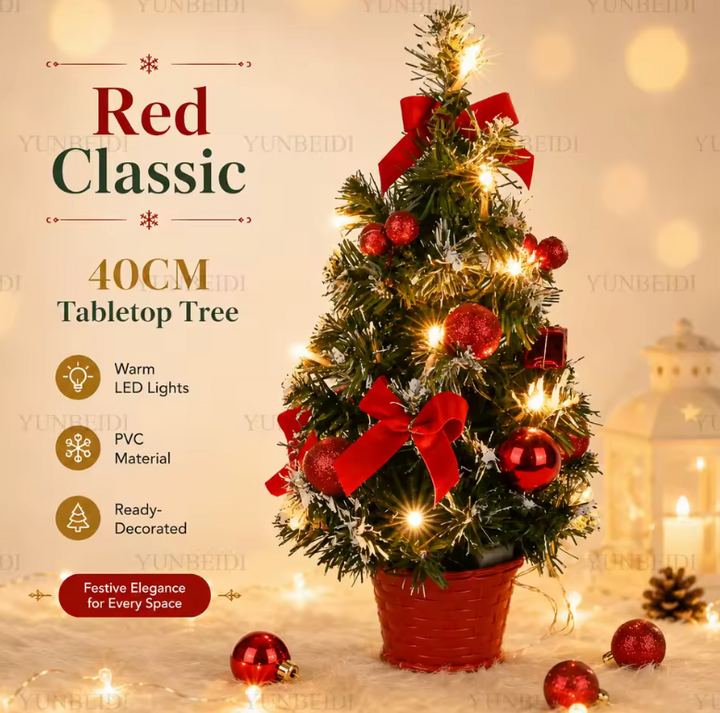 Glowing pre-lit tabletop Christmas tree, a charming small holiday decoration with warm LED lights.