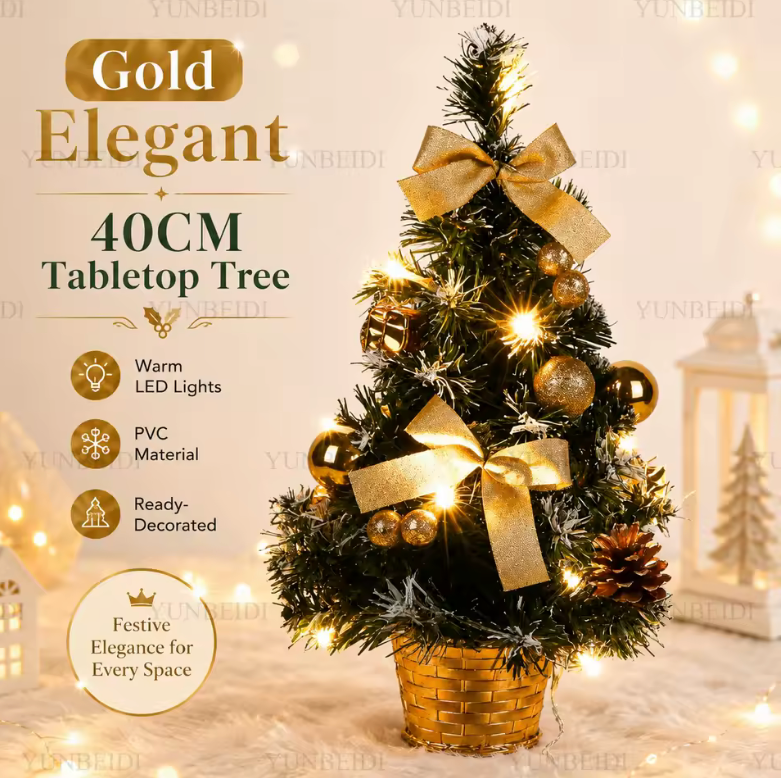 Compact pre-lit mini Christmas tree, a perfect holiday gift for spreading festive spirit on any desk.