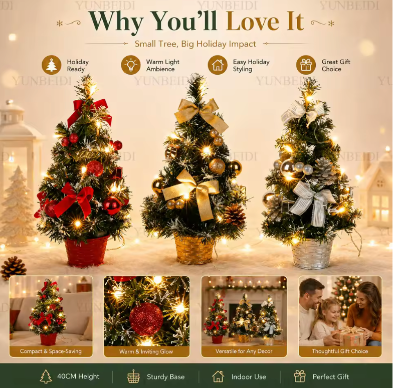 Elegant small pre-lit Christmas tree, a beautiful tabletop holiday centerpiece for festive home or office decor.