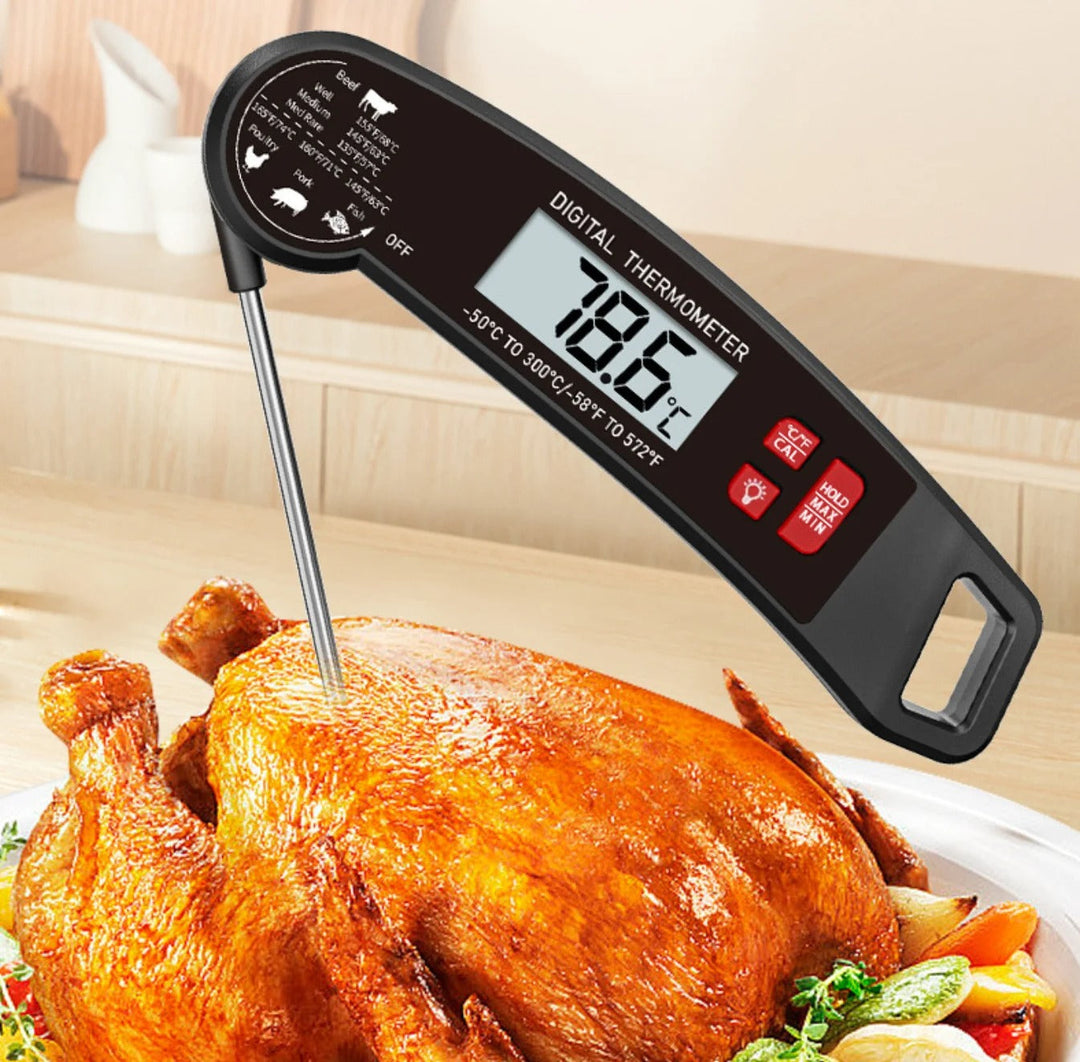 Digital food thermometer with backlit LCD display for instant read meat temps. Perfect for BBQ, grilling & baking.