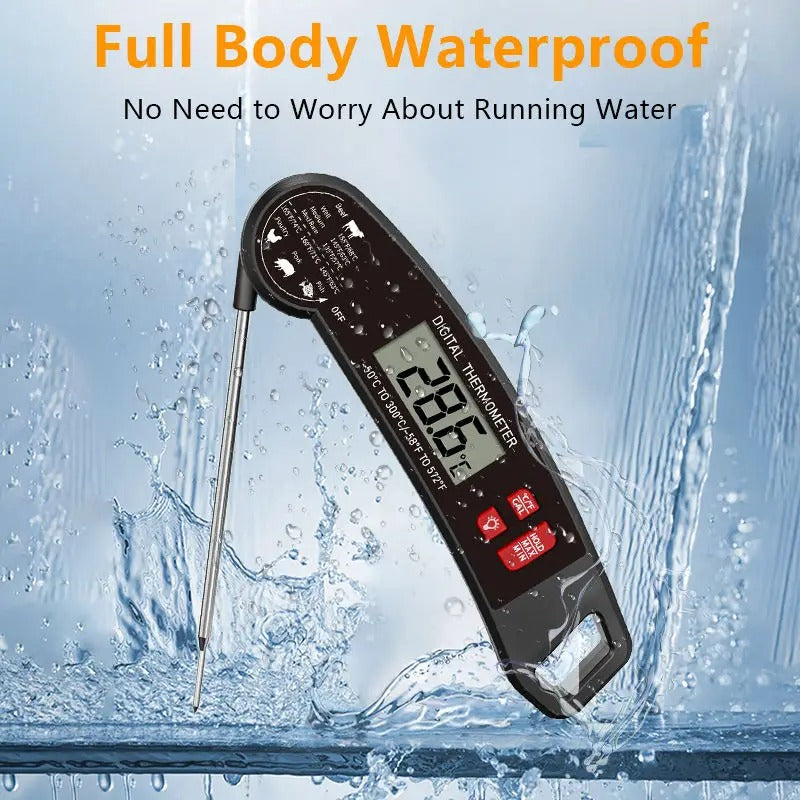 Backlit digital meat thermometer with magnetic back for easy storage. Instant read for grilling & kitchen cooking.