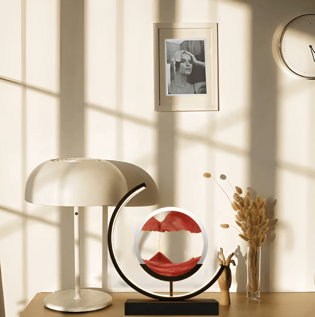 Unique gift: Dimmable LED moving sand lamp with dynamic sandscapes; ideal for stress relief & ambient lighting.
