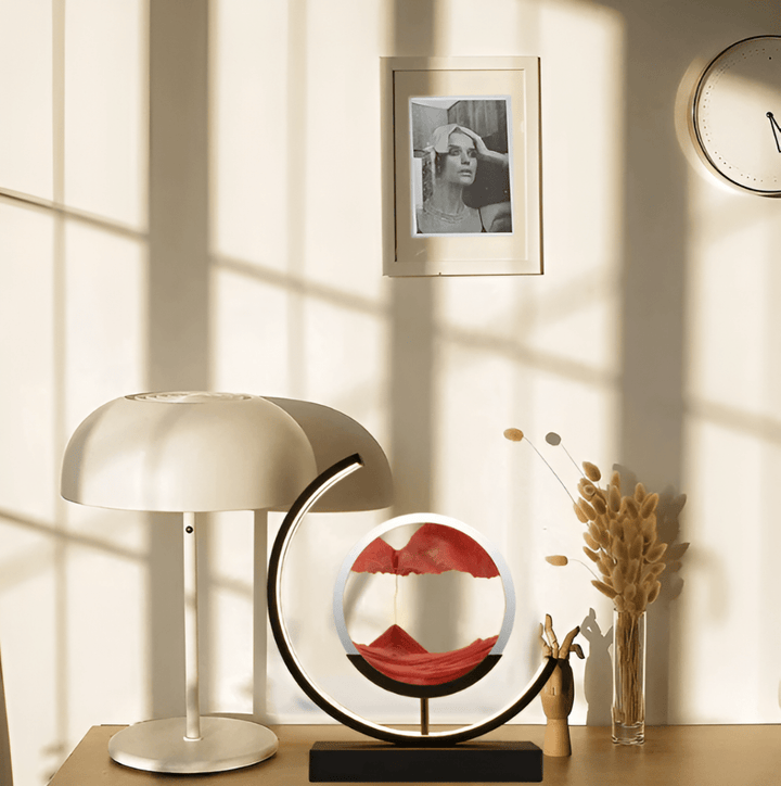 Unique gift: Dimmable LED moving sand lamp with dynamic sandscapes; ideal for stress relief & ambient lighting.