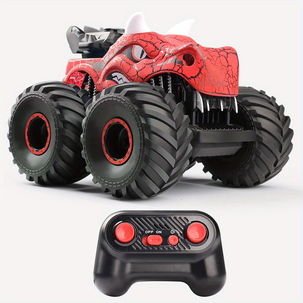 DinoBlaze RC monster truck with smoke and vibrant LED lights, performing a thrilling stunt for kids.