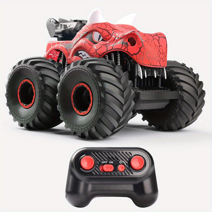 DinoBlaze RC monster truck with smoke and vibrant LED lights, performing a thrilling stunt for kids.