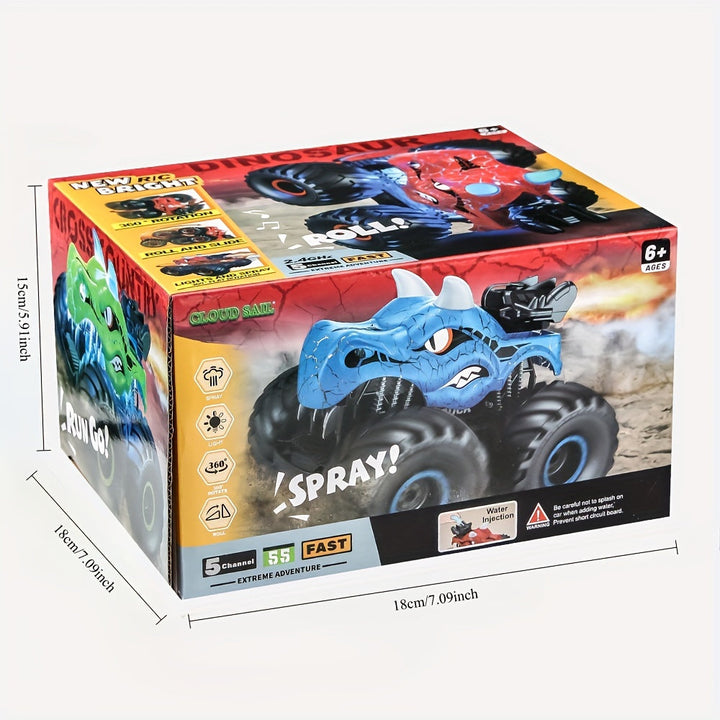 Remote control DinoBlaze stunt car with dinosaur design, 360 rotation, smoke, and dazzling light effects.