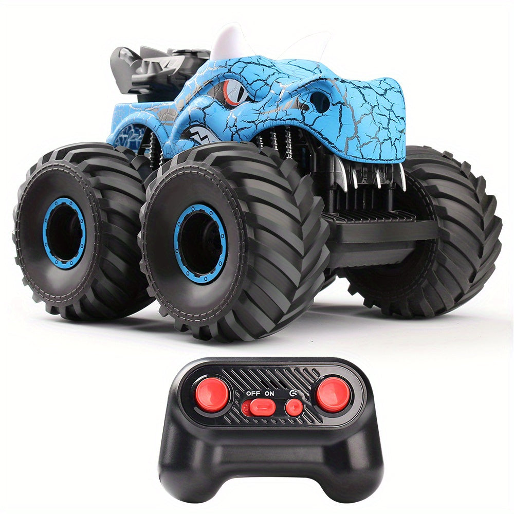 Kids' DinoBlaze RC monster truck featuring a smoke effect, bright lights, and durable design for exciting stunts.