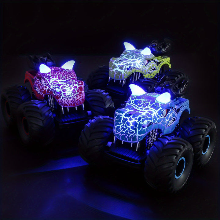Spectacular DinoBlaze remote control stunt car, showing off its smoke, lights, and monster truck tires.