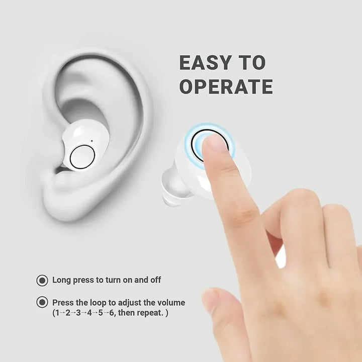 Compact personal sound amplifier: rechargeable ear devices providing clear audio support & comfortable daily use.