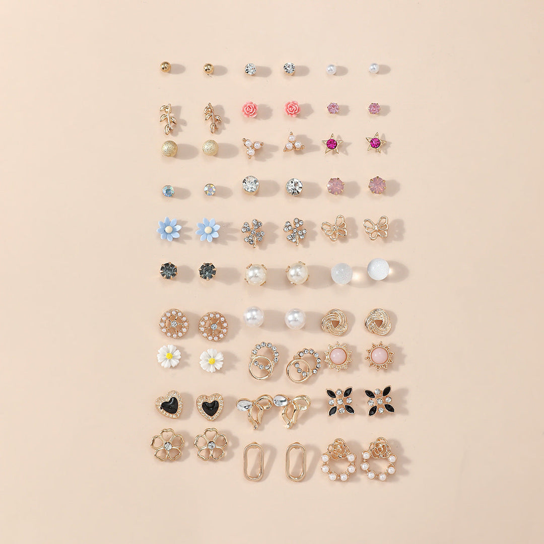 Diverse women's earring set featuring geometric, floral, and heart designs for everyday & evening wear.