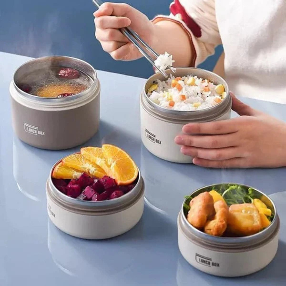 Thermal meal prep container, double-wall insulation, ensures food stays fresh for hours.