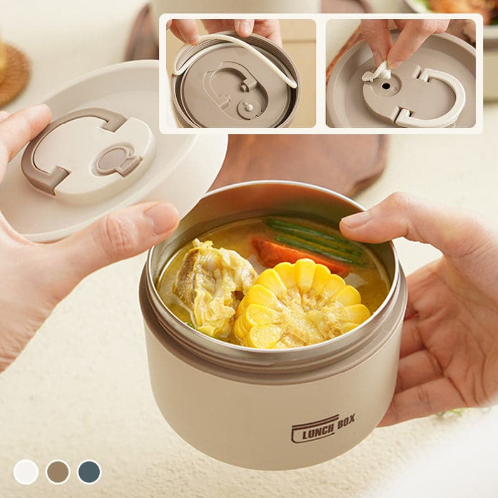 Durable stainless steel food storage container with a tight leak-proof seal.